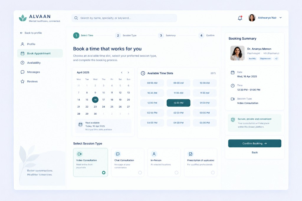 Alvaan appointment booking interface