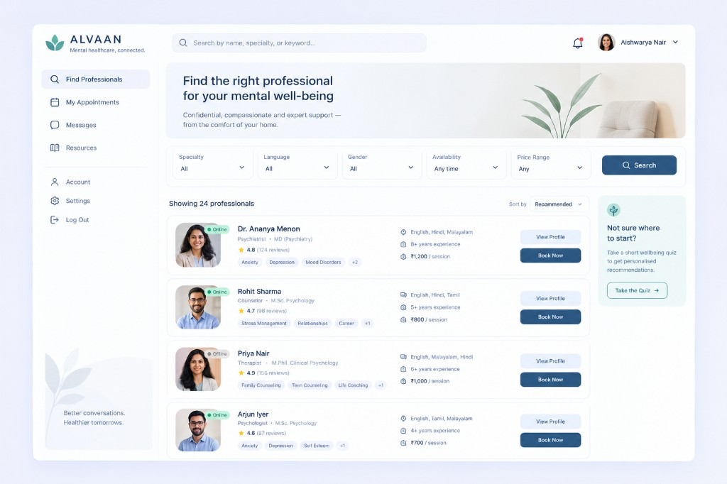 Alvaan professional discovery interface