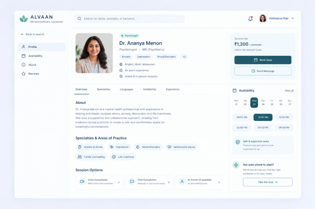 Alvaan professional profile interface