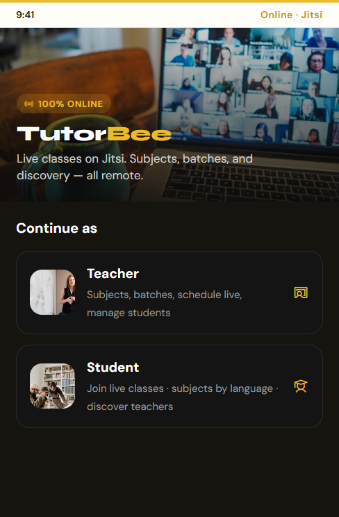 TutorBee home — continue as teacher or student