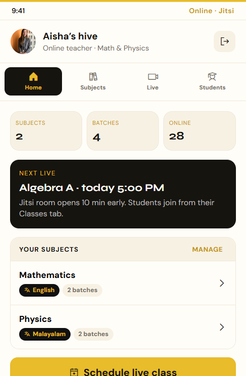 Teacher home — hive stats, next live class, subjects by language