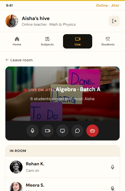 Teacher live room — Jitsi session with students in Algebra Batch A