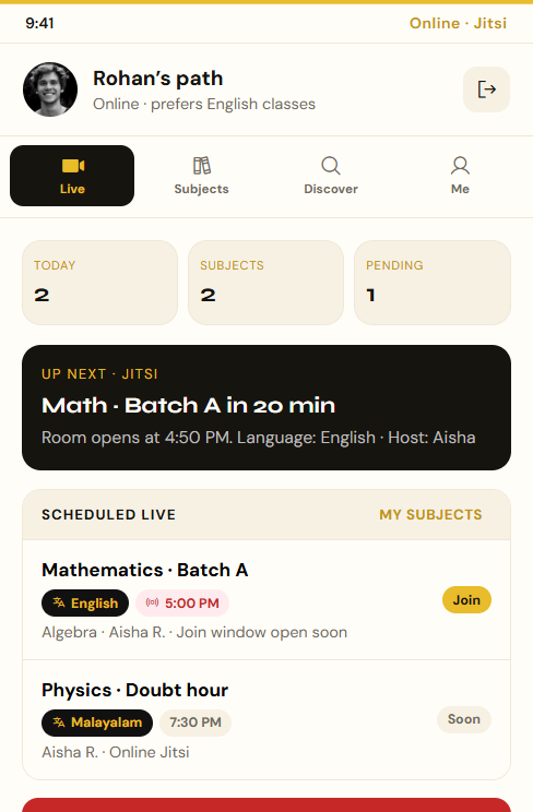 Student live tab — upcoming Jitsi classes with language and join time